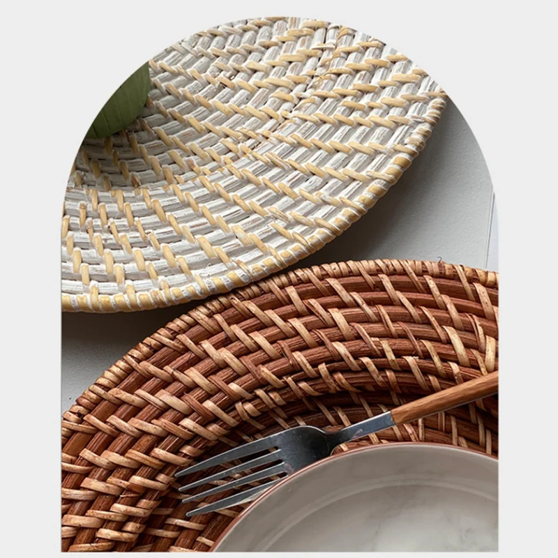 Rattan Tray Retro Elegant Fruit Plate Round Dessert Plate Tabletop Decoration Brown-A27R