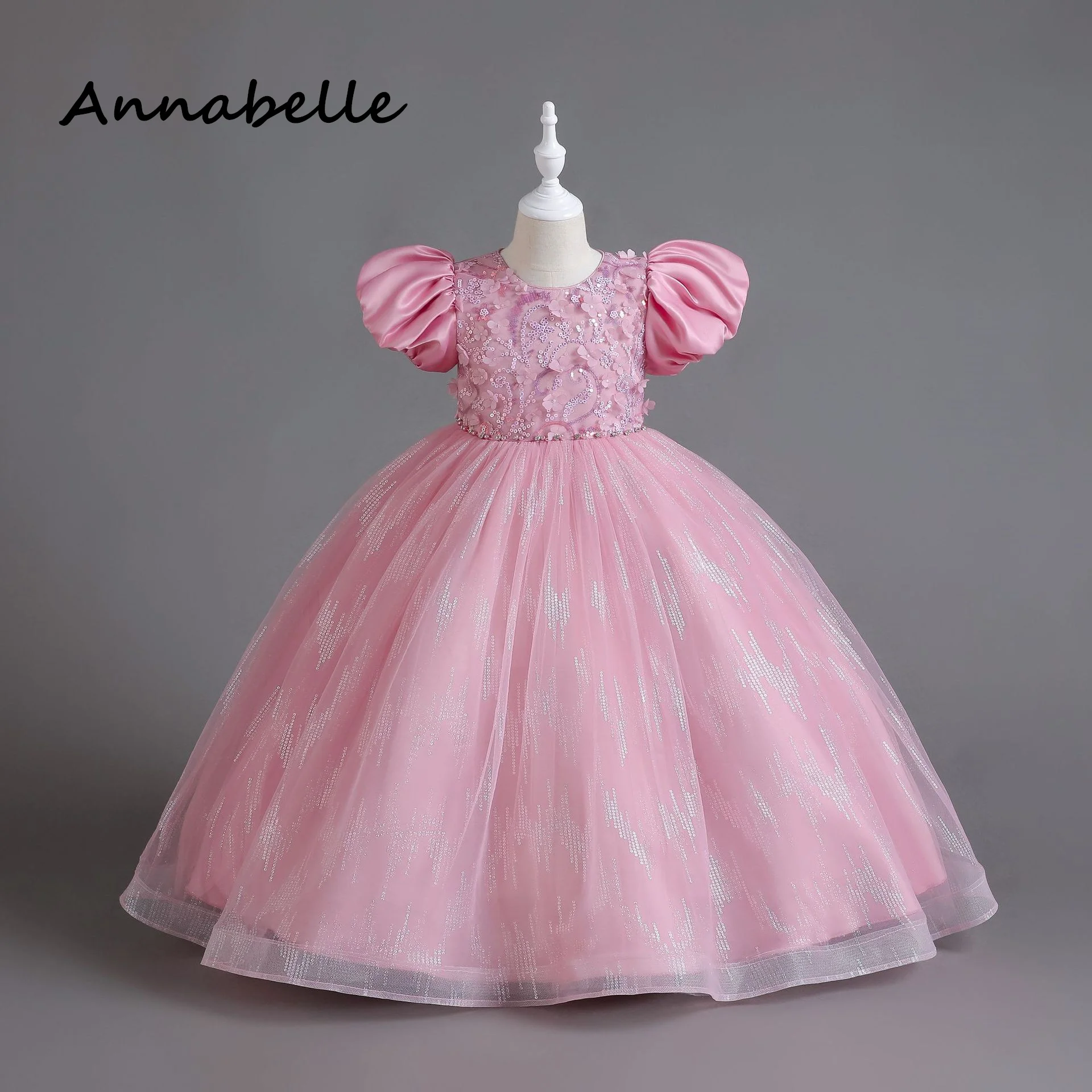 Annabelle Flower Baby Girl Bow Dress For Wedding Party Elegant Dresses Kids Bridesmaid Children Puffy Baby Clothes Princess