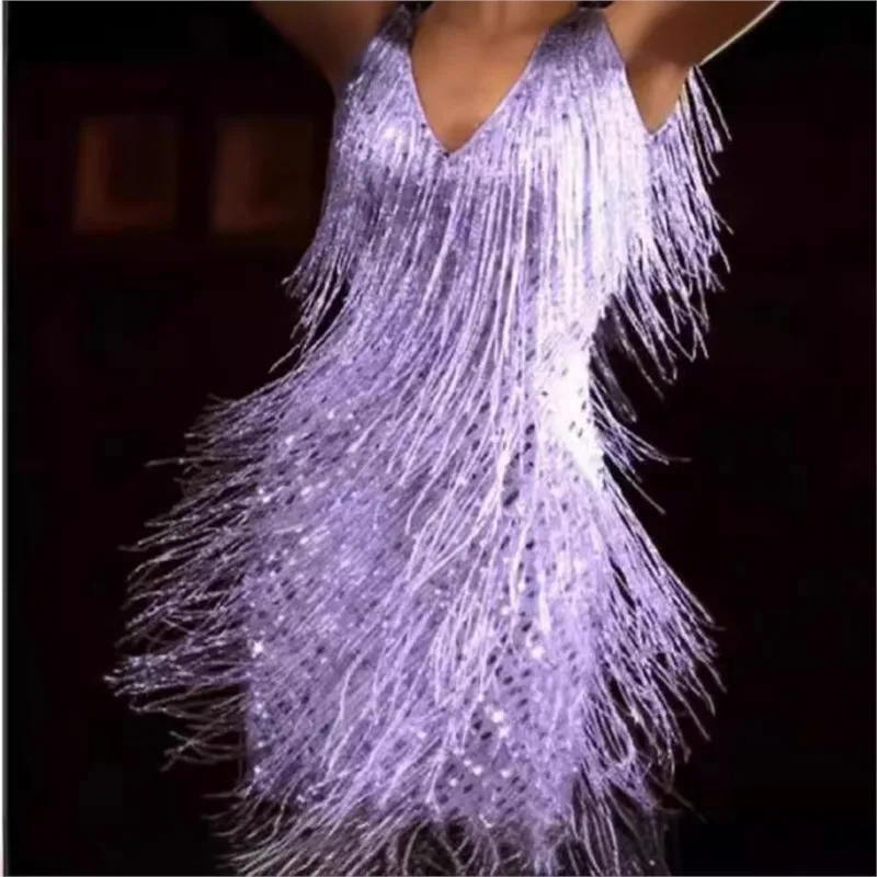 

Sexy Club Tassel Sequins Feather Mini Dress Women Sleeveless V-neck Slim Dresses Elegant Evening Party Bright Glitter Dress