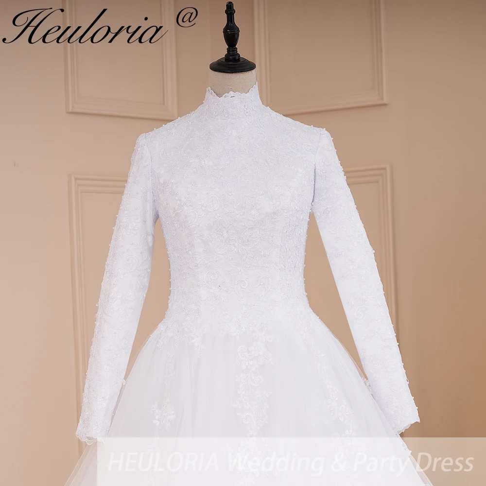 HEULORIA princess Wedding Dress long sleeve high neck bride dress lace beading Plus size muslim wedding gown court train