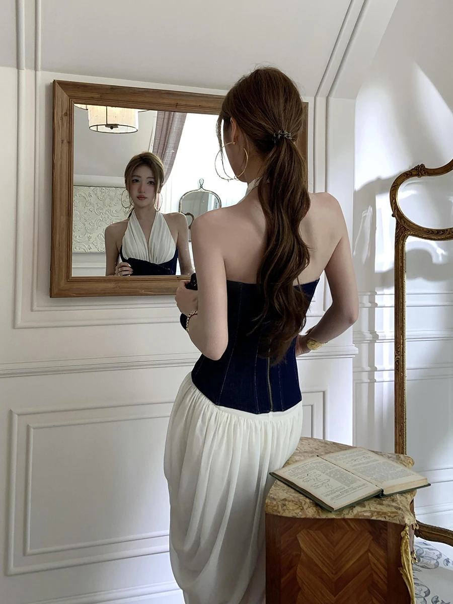 REDDACHiC Vrouwen Witte Jurk met Corset Riem Underbust Denim Taille Trainer Chiffon Halter Ruches Schede Jurk Avondfeest Jurk