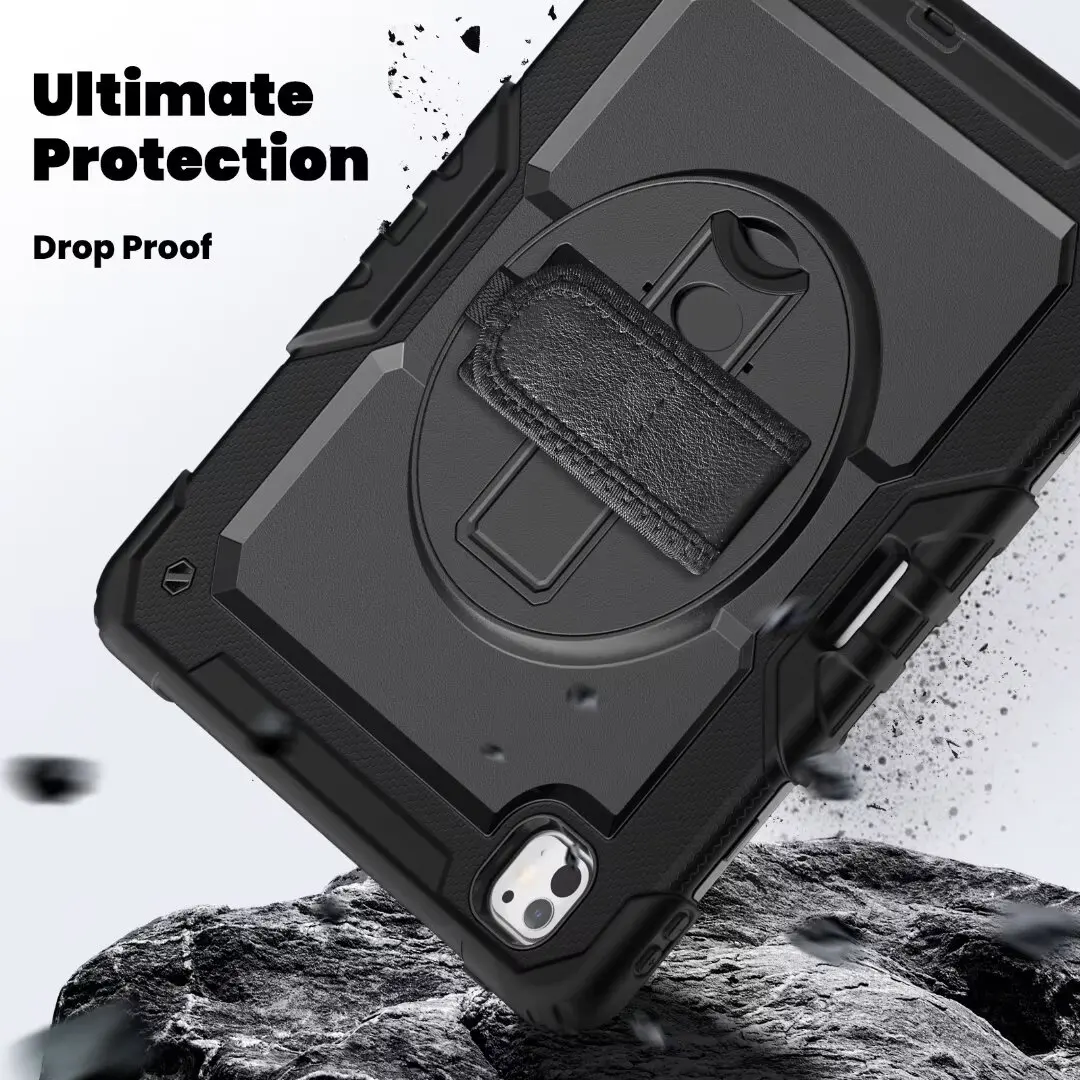 Ultimate Protection PC Case for iPad Pro Air 11 13 2024 2025 M4 M5,360 Rotation Hand Shoulder Strap 3 Layer Multifunctional Case