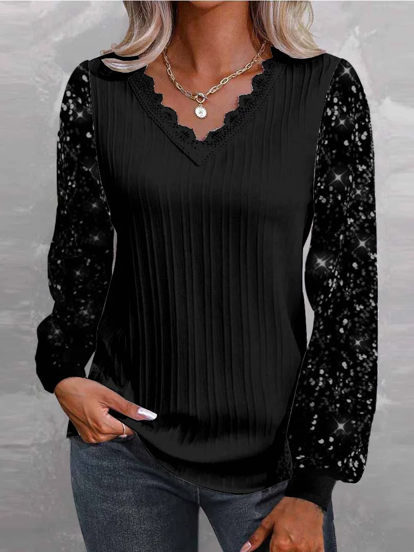 

Plus Size Women Long Sleeve V-neck Sequins Solid Lace Tops