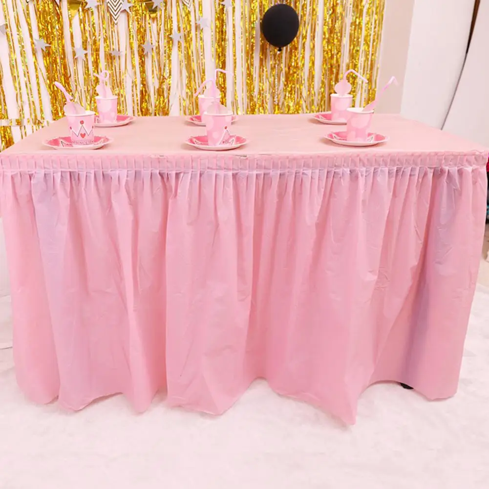 Table Skirt Birthday Pleated Dessert Tablecloth Cover PEVA Waterproof Desk Dress Cover Self-adhesive Oil-proof Table Skirt