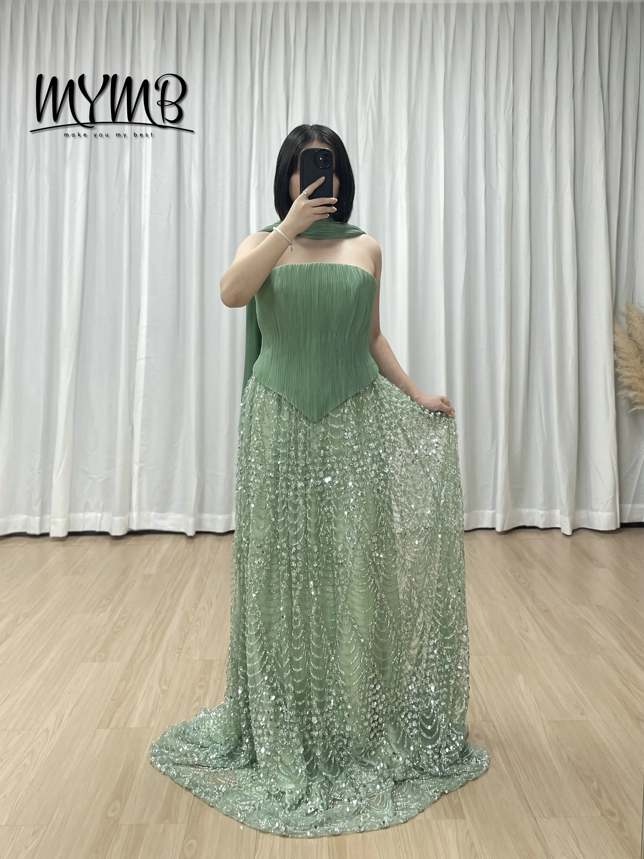 

MYMB Elegant Green Rose A-Line Evening Dresses Strapless Pleated With Sequin Embellished Tulle Skirt Scarf Royal Design MY30168