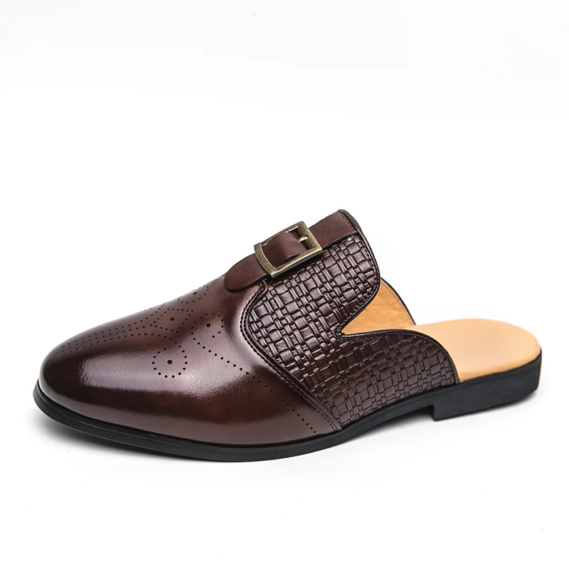 2026 Adult Summer Half Drag Peas Leather Mens Driving Shoes Men's Penny Loafers Men Moccasins Man Mules Tenis Masculino Black