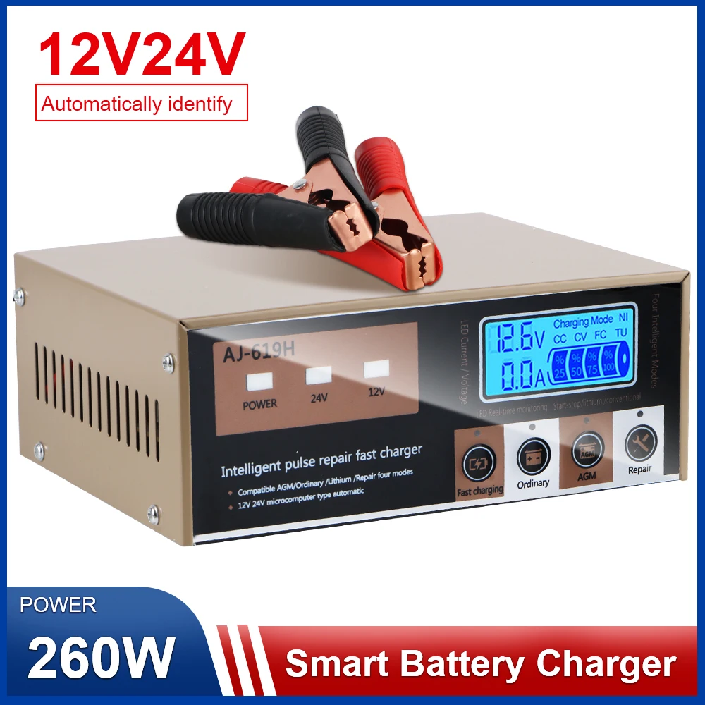 For Motorcycle SUV Truck Smart Car Battery Charger High Power 12V 24V 260W Pulse Repair Battery Charging Intelligent LED Display