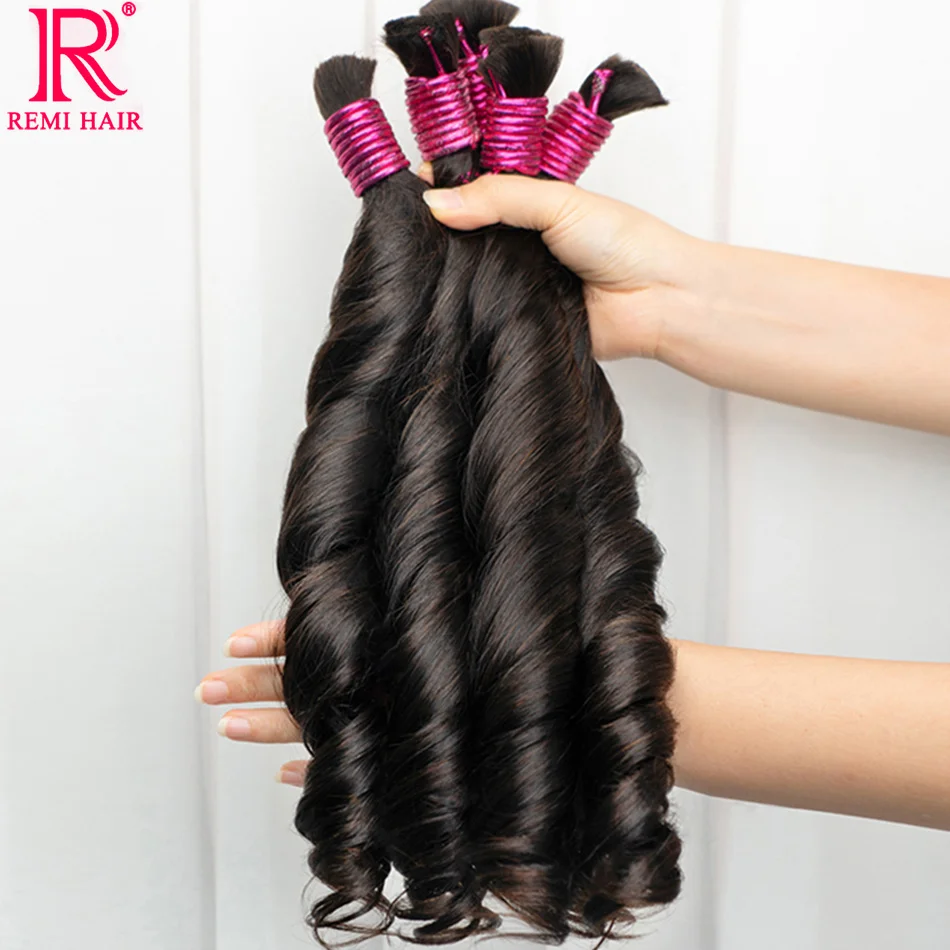 REMI-extensiones de cabello humano 100% trenzado para mujer, mechones de cabello indio ondulado, liso y Natural, sin trama, Original