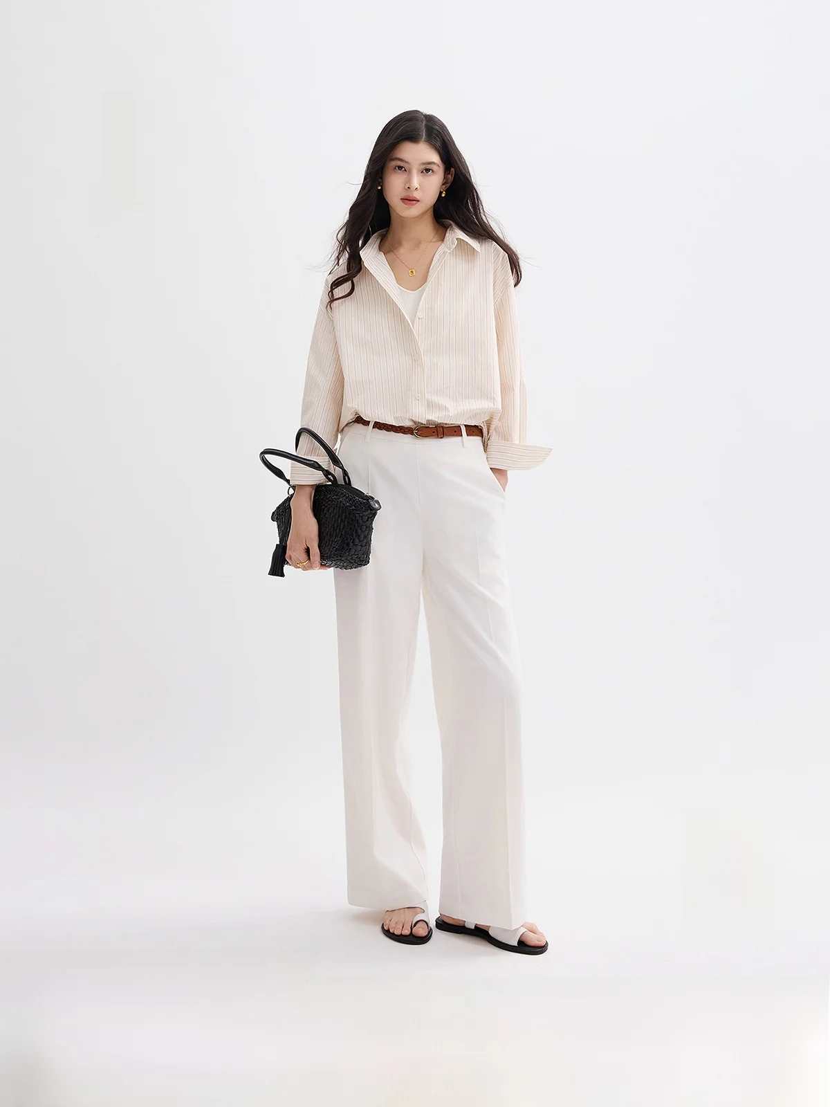 

Color Striped Shirt High Yarn Long Velvet Cotton Classic Collar 3D Tailoring Proportional round Arc Hem Loose Fit Button Detail