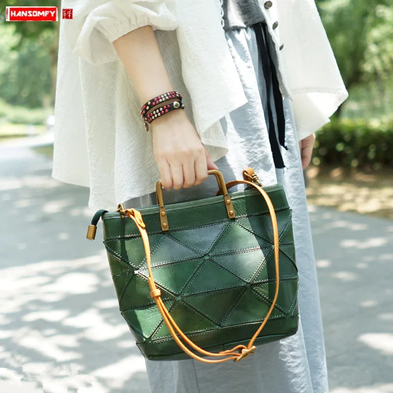 Women Handbags Shoulder Crossbody Bag Puzzle Retro Bags Manual Genuine Leather Vegetable Tanned Leather Slant Back Female Ladies