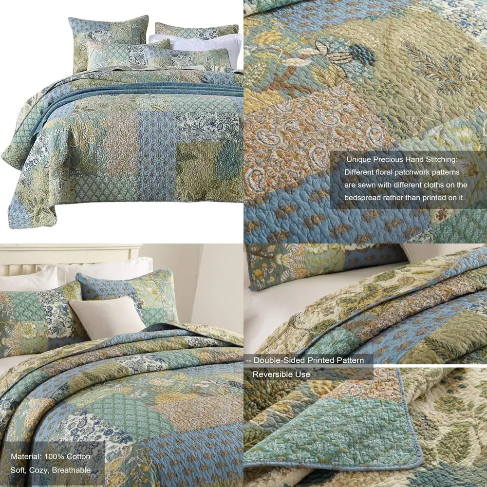 

King Size Cotton Quilt Set, Reversible Bohemian Floral Patchwork, Stitched Plaid Patterns, 3-Piece Bedding Collection