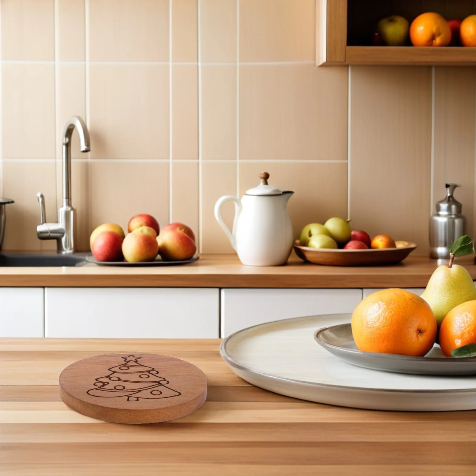 

Non Slip Wooden Round Christmas Coaster Handmade Rustic Farmhouse Xmas Kitchen Table Protection Holiday Decor Cup Mat Wood