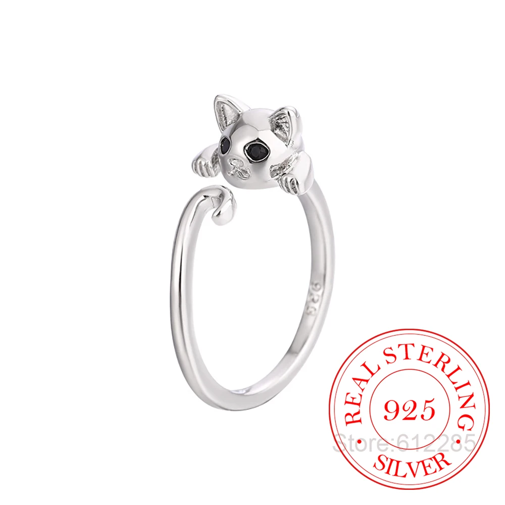 Anillo de Plata de Ley 925 con forma de gato para mujer y niña, sortija abierta con diseño de Animal bonito, ideal para regalo de boda y fiesta, 925