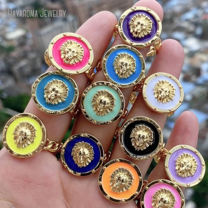 2Pcs Metal Round Coin Shape Circle Lion Wholesale Copper Colors Gold Color Enamel Ring RM40075