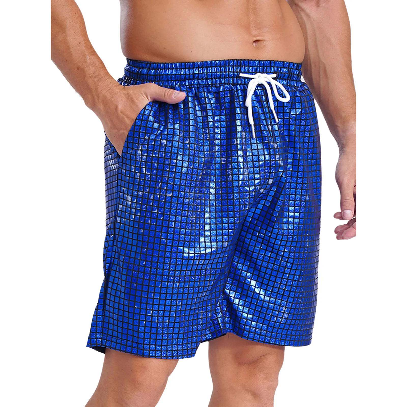 Swimwear Mens Checkerboard Metallic Shiny Boxer Shorts Drawstring Elastic Waistband Pockets Loose Beach Shorts Loungewear Shorts