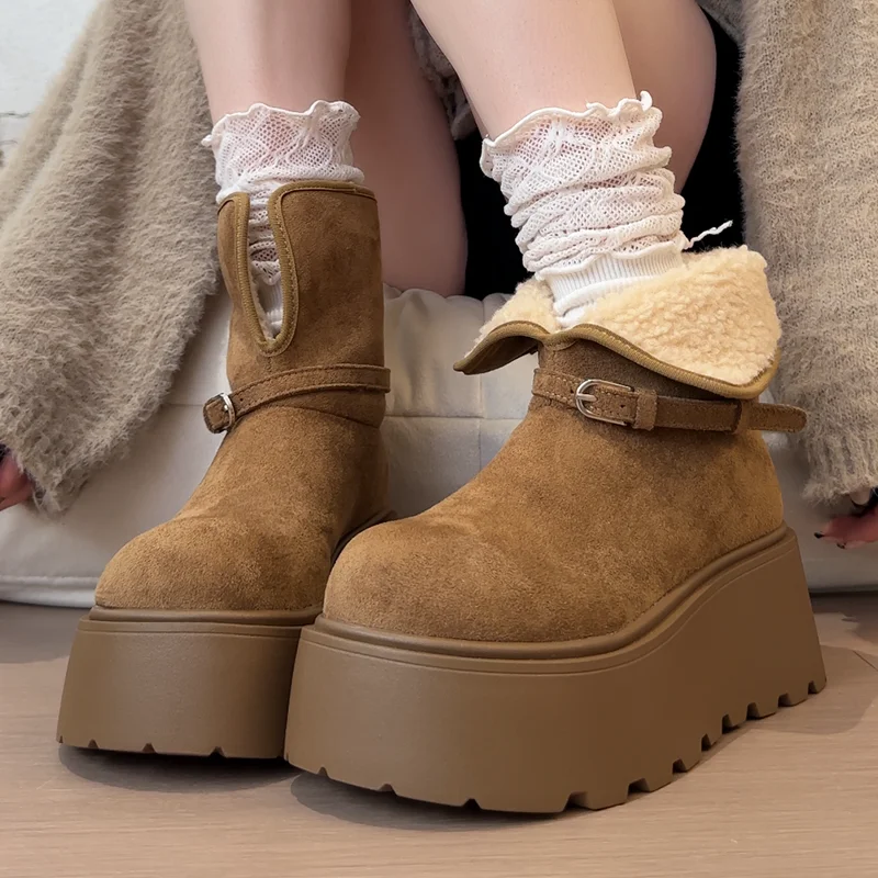 

Women's Winter Thick Bottom Heightening Mini Short Fur Leather Snow Boots Round Toe Shoe Heel Other Pattern Solid Color