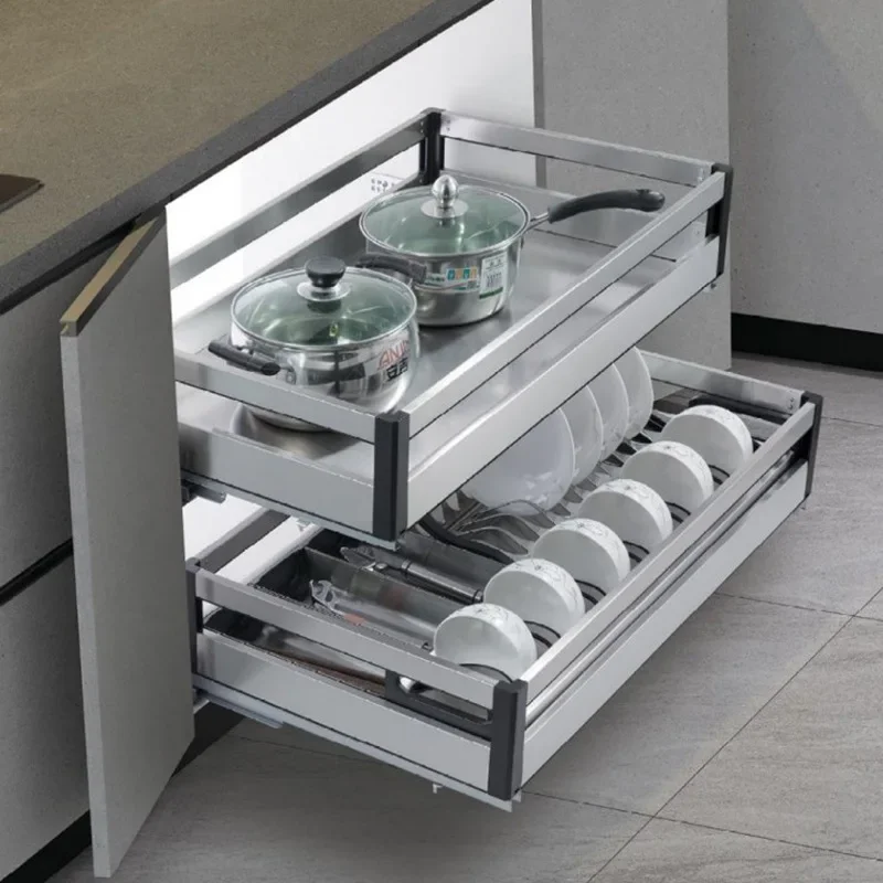 Kitchen 201 Stainless Steel Double-layer Four-sided Basket Buffer Drawer Kitchen Cabinet Multifunctional Dishes BasketPot Baske
