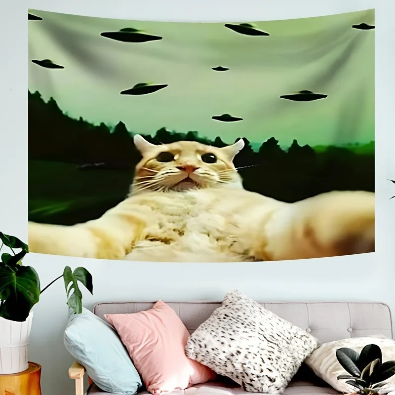 Funny Cat UFO Tapestry, Meme Style Ginger Cat & Flying Saucer Wall Hanging, Quirky Alien Sky Decor Humorous Art for Bedroom Dorm