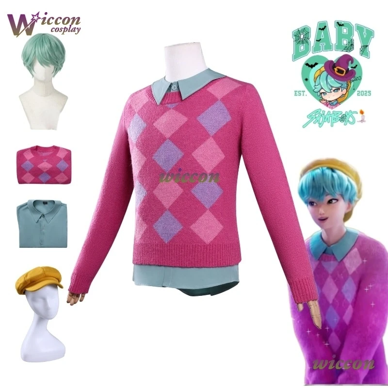 Baby Cosplay Costume Kpop Demon Hunters Baby Saja Boys Wig Hat Set Pink Sweater Full Outfit Baby Wig Hat Men Halloween Roleplay