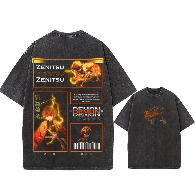 الصيف الرجال غسل تي شيرت انمي ياباني شيطان القاتل Agatsuma Zenitsu الجرافيك الملابس Harajuku Y2K ملابس علوية من القطن المتضخم #3