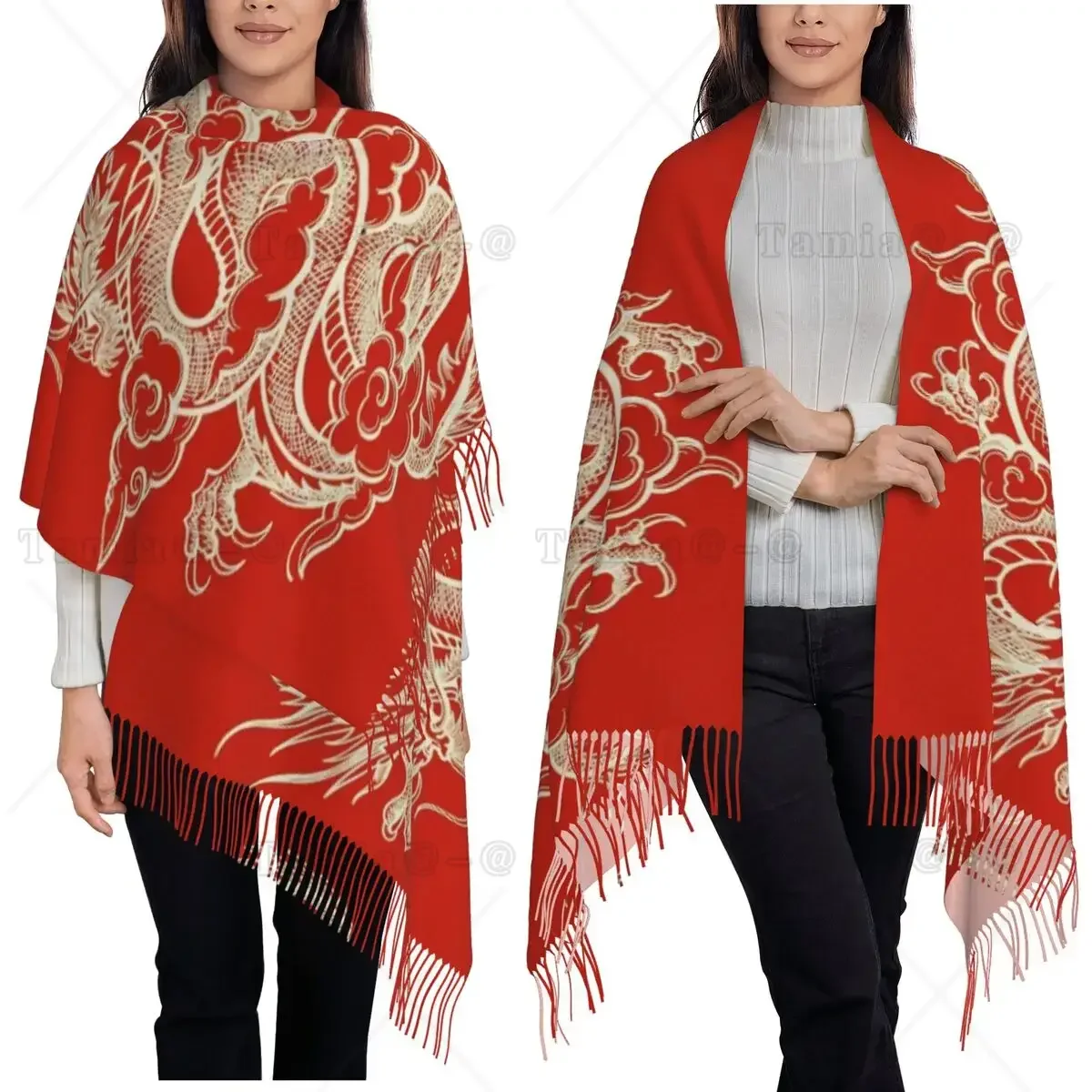 Chinese Dragon Asian Oriental Style Art Scarf Tassel Scarves Women Soft Warm Shawls and Wraps Long Fall Winter Shawl Wrap