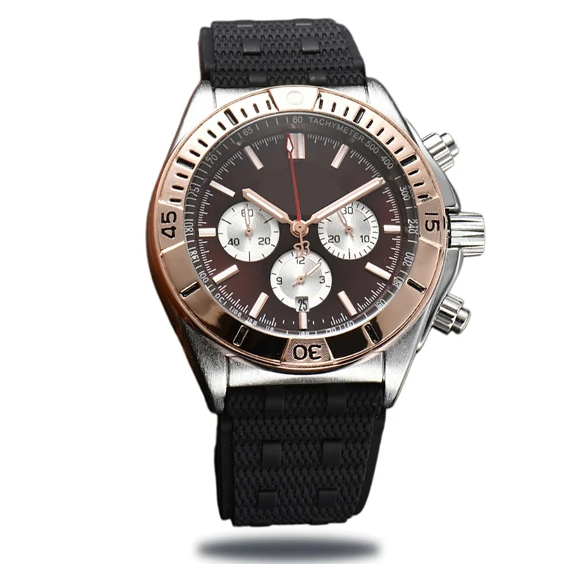 Montre chronographe à quartz pour hommes, boîtier en alliage d'argent poli, lunette avec échelle tachymètre, affichage de la date, bracelet en caoutchouc de silicone texturé, montre-bracelet pour hommes pour sports de plein air