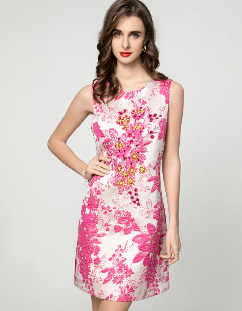 فساتين نسائية برقبة دائرية بدون أكمام ومطبوعة بالخرز فساتين قصيرة أنيقة