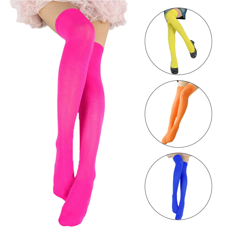 Bas néon sexy pour femmes, chaussettes hautes, chaussettes en nylon cosplay, bas élastiques noirs et blancs, chaussettes longues pour femmes, tenue de fête