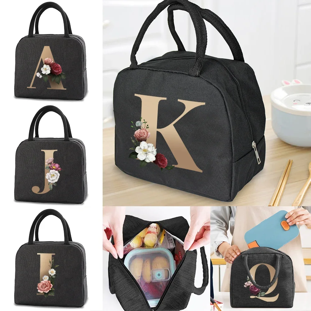 Portable Lunch Box for Women Thermal Insulated Kids Lunch Box Men Handbag Food Picnic for Work Cooler Storage Bags Gold Letter