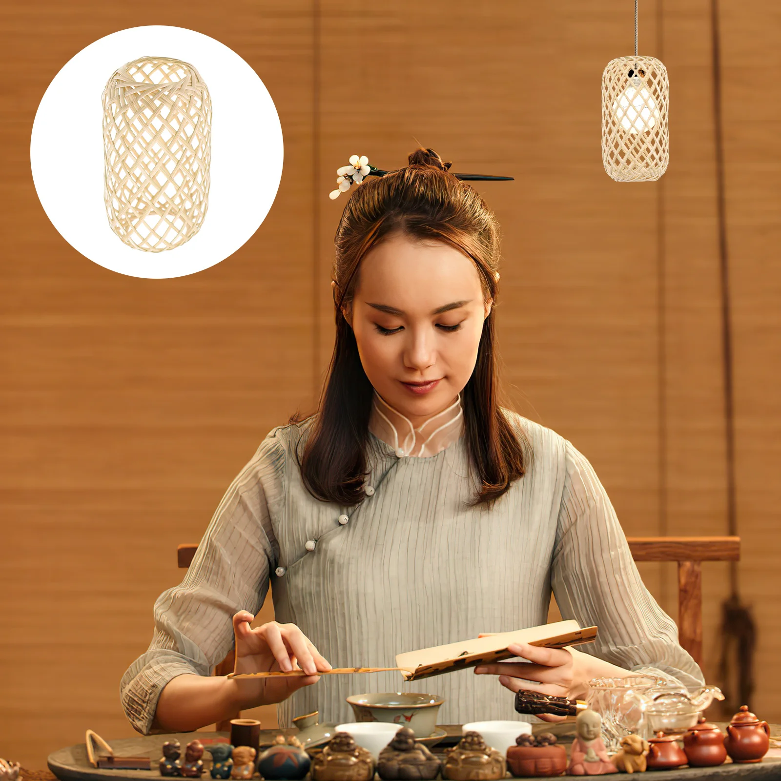 

Bamboo Lamp Shade Weaving Design Light Weight Easy Install for Hanging Ceiling Floor Desk Lamp Replacement Household Decorative