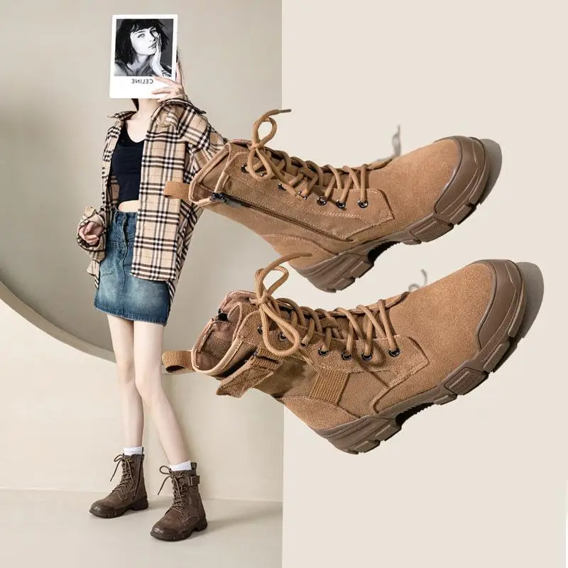 

Casual Boots Women's Shoes Fashionable Canvas Leather Mid-Calf Boots British Style Short Boots Comfortable Rubber Sole