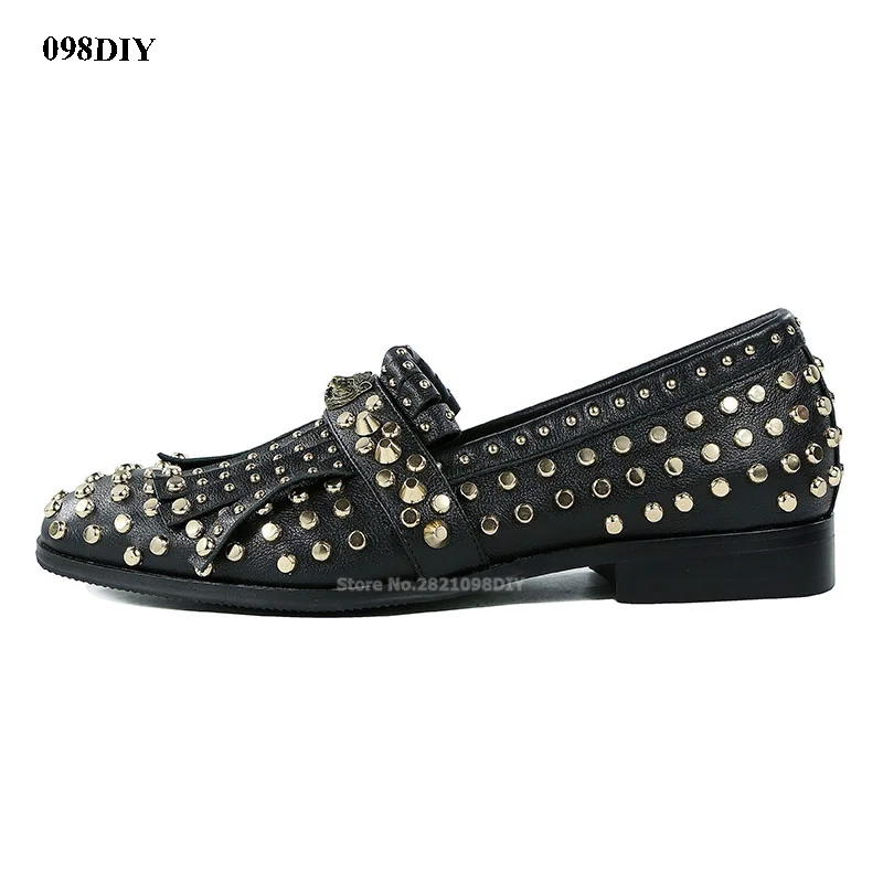 

Gold Rivets Men Loafers Driving Shoes Black Genuine Leather Tassel Fringe Fashion Flats Office Work Shoes Plus Size 48