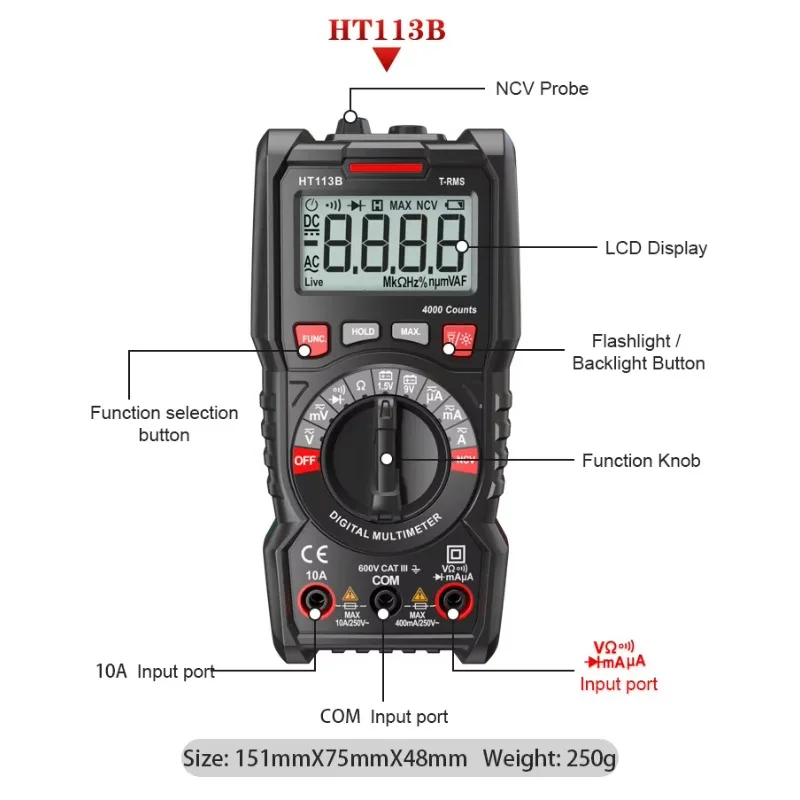NEW HABOTEST HT113A HT113B HT113C Digital Multimeter In Stock 6000 Counts True RMS Auto/Manual Range CAT III 600V Original Box