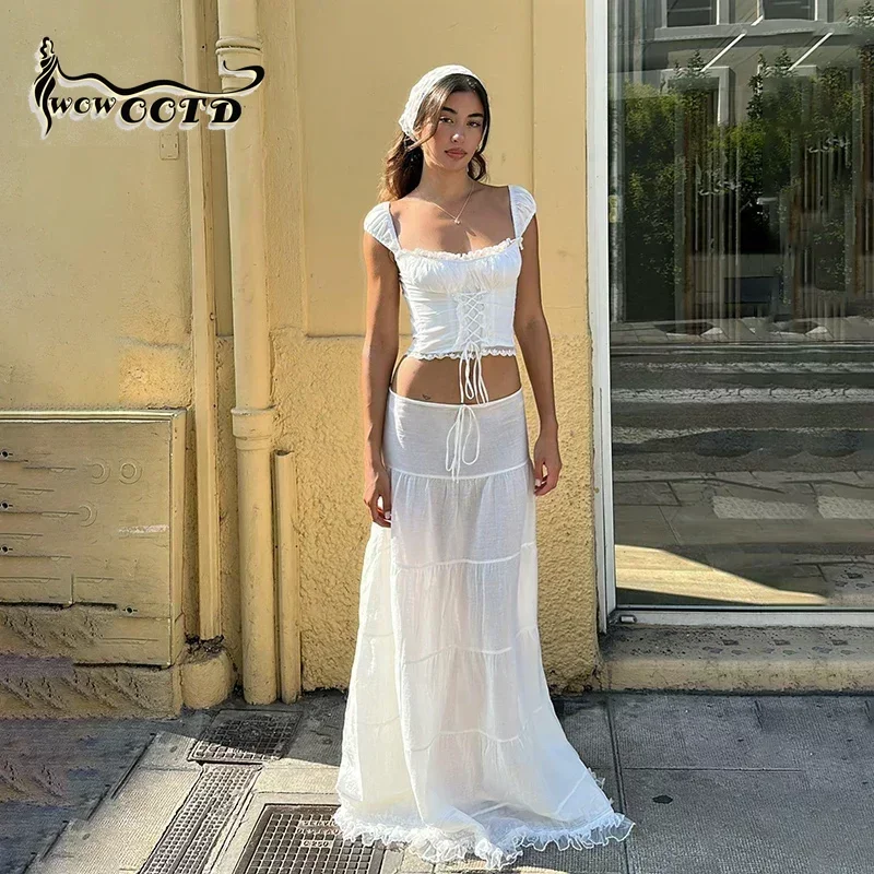 WOWOOTD Summer Women Square Neck Crop Top and Long Skirt 2 Piece Sets Lace Patchwork Beach Holiday Matching Set Outfits Sexy