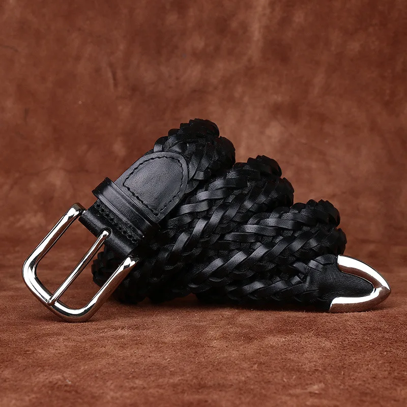 Men's genuine leather braided belt, first layer cowhide hand-woven belt, pin buckle versatile casual belt, width 3.5CM