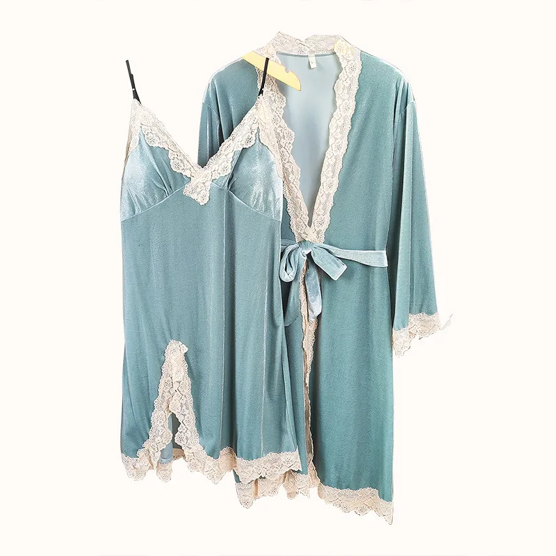 

Warm Sleepwear Sexy Women's Lace Bathrobe Velour Winter Night Dress Kimono Bath Robes Suit Wedding Bride Gown Chemise Nightgown