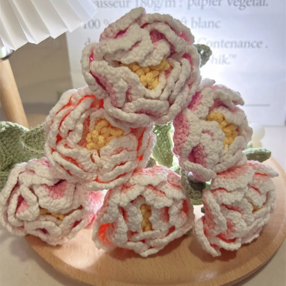 Handmade Crochet Peony Bouquet Gradient Color Simulation Flower Hand-woven Peony Woven Flowere Wool Artificial Flower