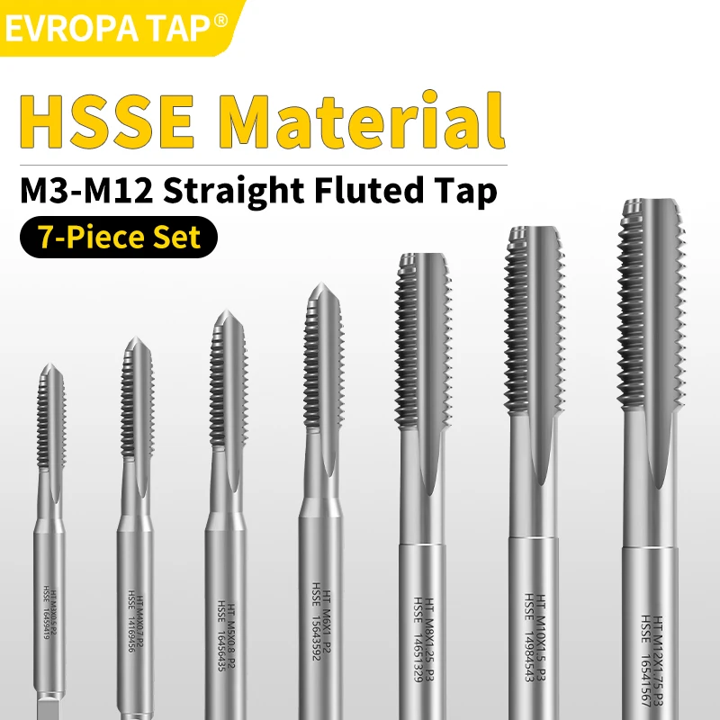 EVROPA 7PCS HSSE Straight Flute Hand Tap Set M3-M12 Metric Thread Tap Kit Without Coating / TiN Coated Option