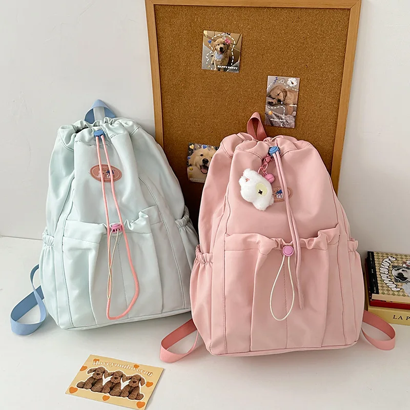 Drawstring Backpack with Cute Plush Pendant Ruffle Pocket Large Capacity Casual School Bag for Teen Girls Daily Use