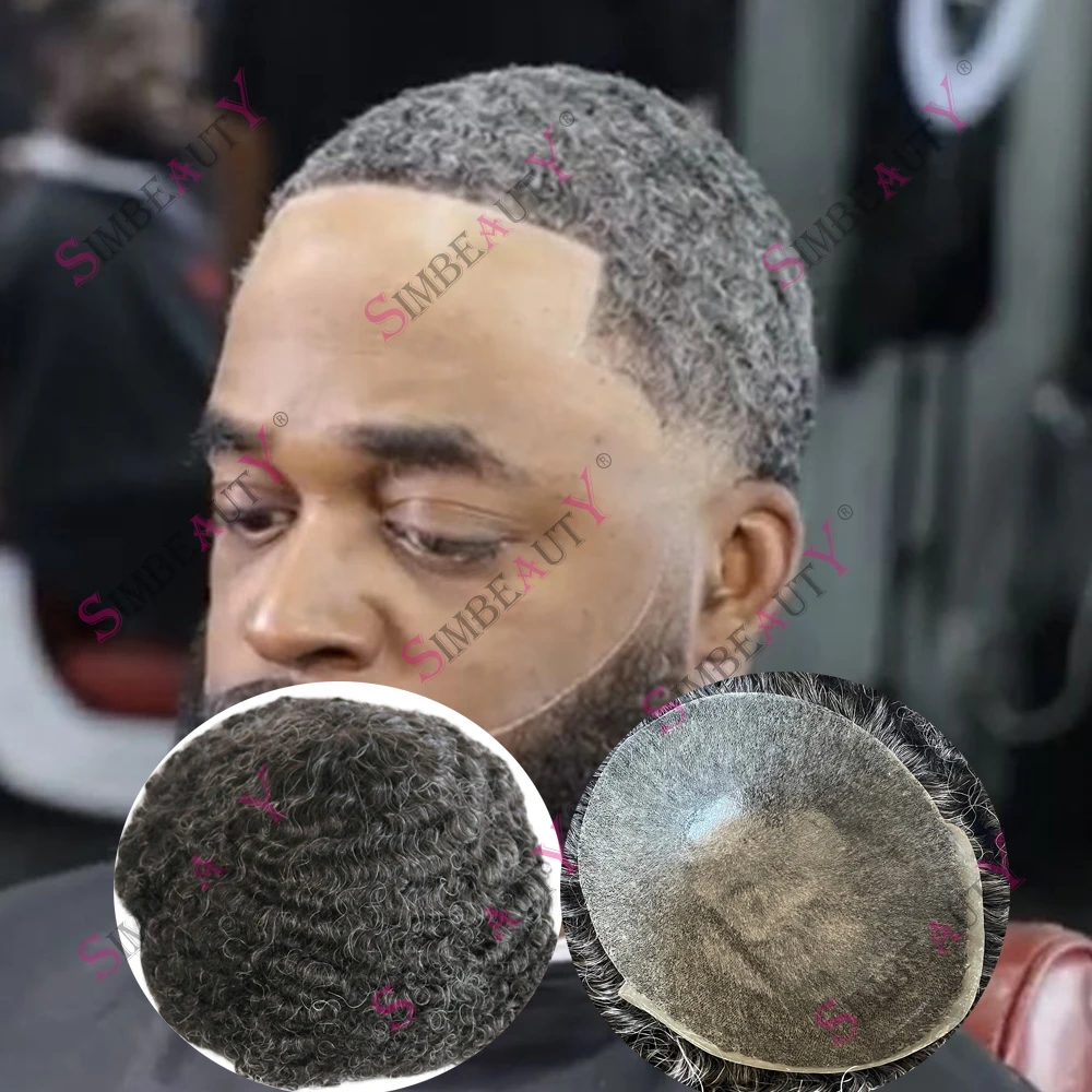 

Мужской незаметный парик-накладка с глубокими кудрями 8 мм, волнистый, афро-стиль, с естественной линией роста волос, прочная микро-основа из кожи, цвет 1B20, черно-серый, из натуральных человеческих волос