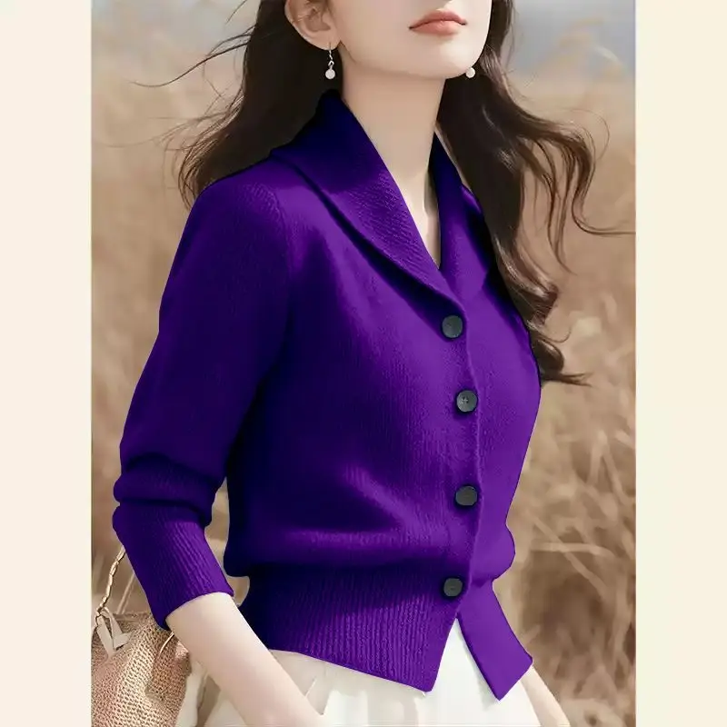 

Women's Autumn Winter Tops Cardigan Knit Flip Collar Long Sleeve Solid Color Design Vintage Niche Thin New Fashion Brand Simple