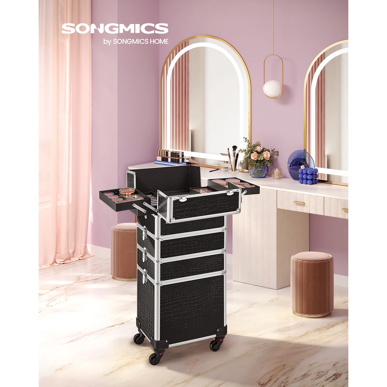 SONGMICS 4-in-1 Professional Makeup Case, Beauty Trolley, Hairdresser's Cosmetic Storage, Lockable with Castors, Black