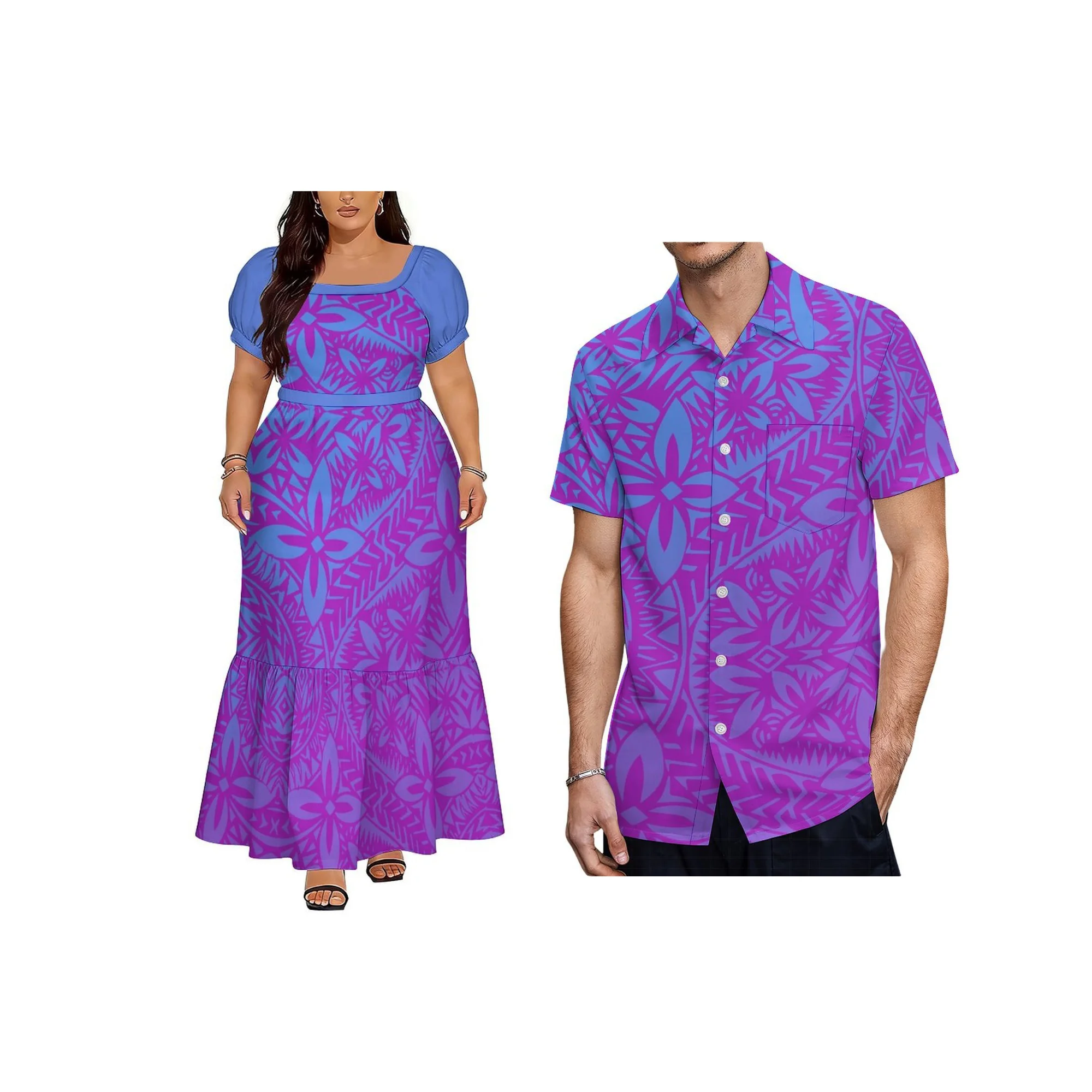 Wholesale Custom Polynesian Design Square Neck Puff Sleeve Dress Samoan Island  Ruffle Belted Dress