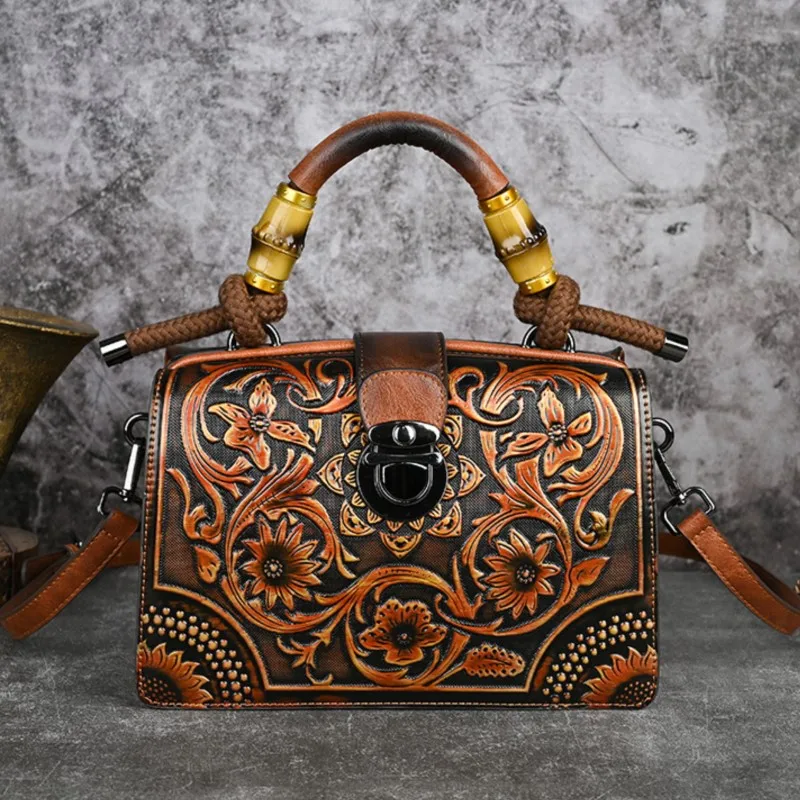 Johnature Vintage Handbag 2024 New Handmade Leather Carved Women Bag Versatile Female Shoulder & Crossbody Bags