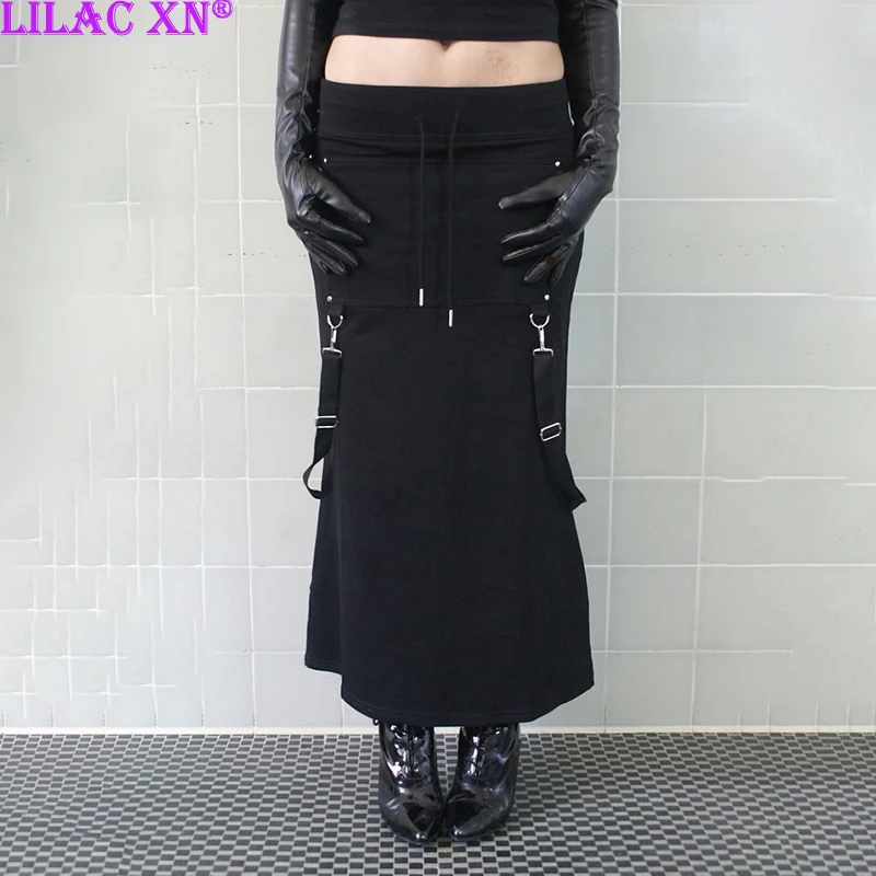

Готические черные облегающие длинные юбки с эластичной резинкой на талии Y2K, прямые юбки-русалки на бретелях в стиле панк, женская новая модная осенняя уличная одежда