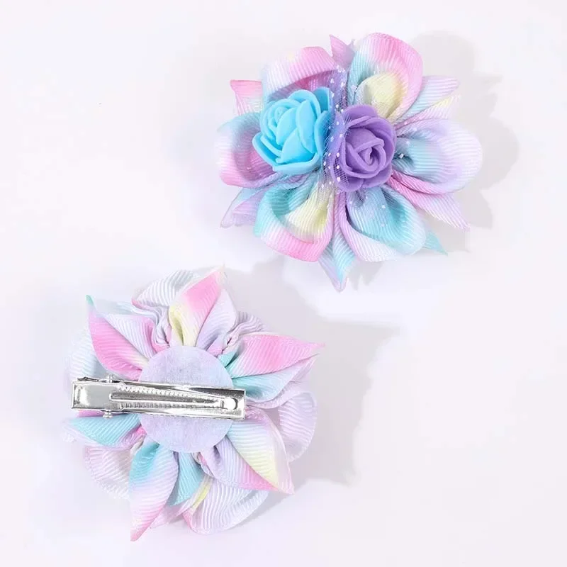 Oaoleer 2 STKS Regenboog Lint Bloem Haar Clip Schattige Kleine Meisjes Kleurrijke Rose Bloemen Haarspeld Kinderen Haarspeldjes Meisje Haaraccessoires