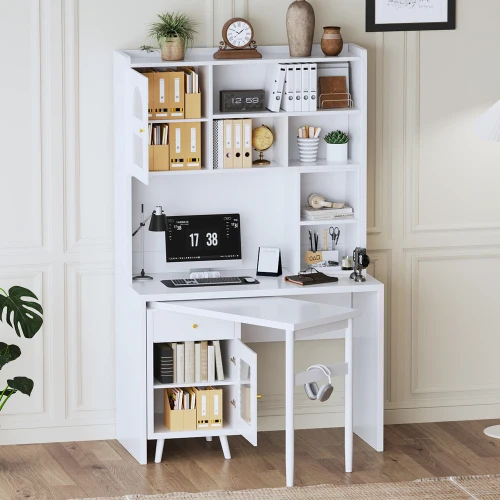 Modern Glass Computer Desk With 90 Degree Rotating Desktop Durable Office Desk With Storage Drawer Shelves And Cabinets