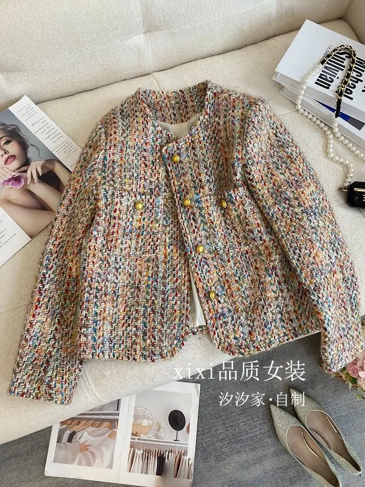 New Colorful striped jacket, high-end temperament, socialite woven wool top