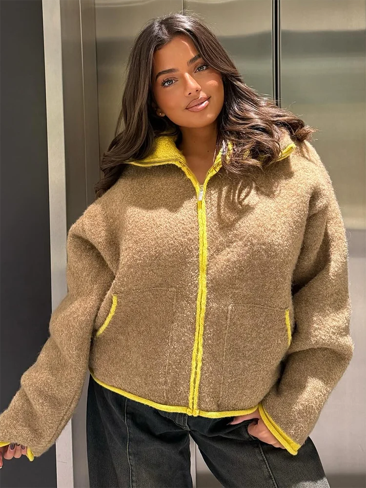 

Женская укороченная куртка в стиле пэчворк, вязаная, повседневная, с отложным воротником, на молнии, с карманами, с длинными рукавами, уличная одежда, весна 2026