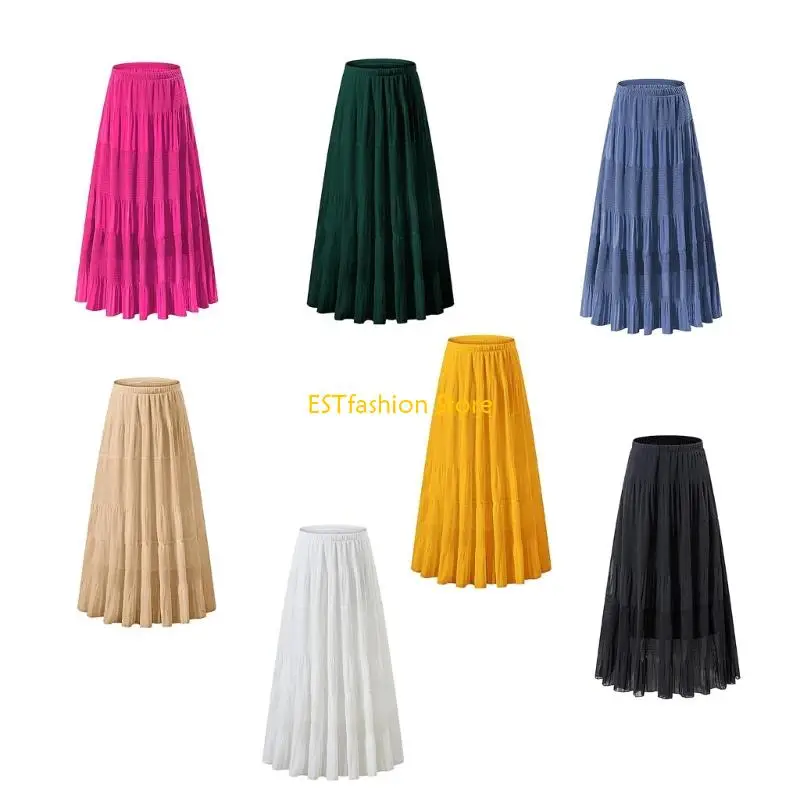 

Y5GC Women Casual Elastic Waist A Line Skirt High Waist Skirt Lightweight Stretch Skirt Solid Color Vacation Dress